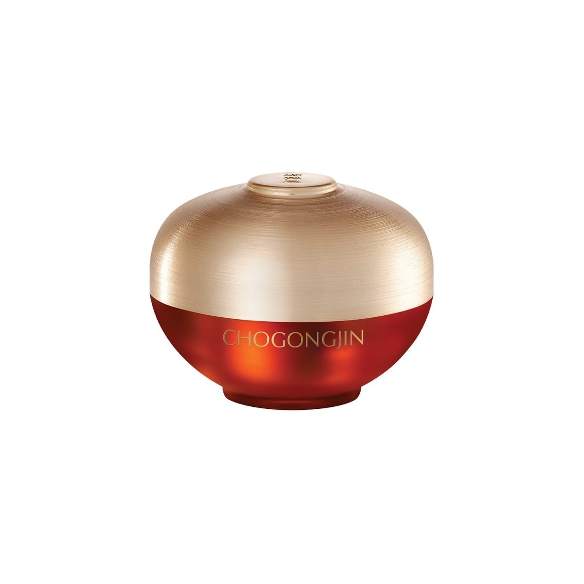 Round red and gold jar of moisturizing eye cream with smooth, luxurious finish against white background
