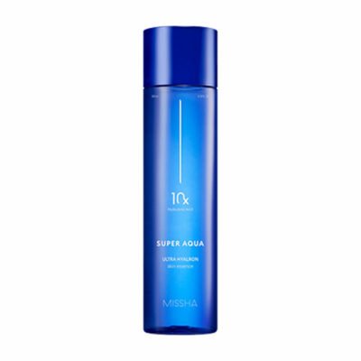 Tall slim blue bottle of hydrating skin essence with minimalist white text on a clean white background