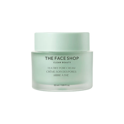 Matte light green jar of soothing pore cream with minimalist black text on frosted glass container against white background