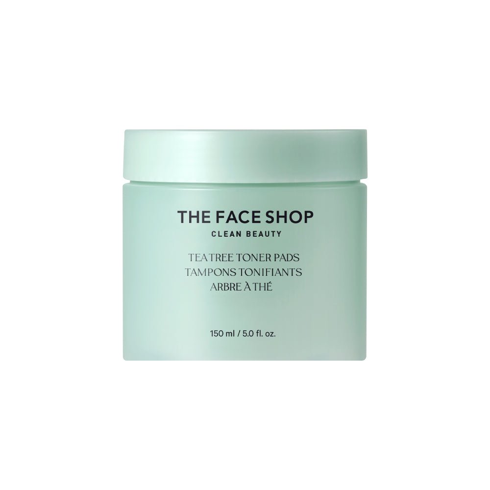 Light green jar of gentle exfoliating tea tree toner pads with clean minimalist label on white background