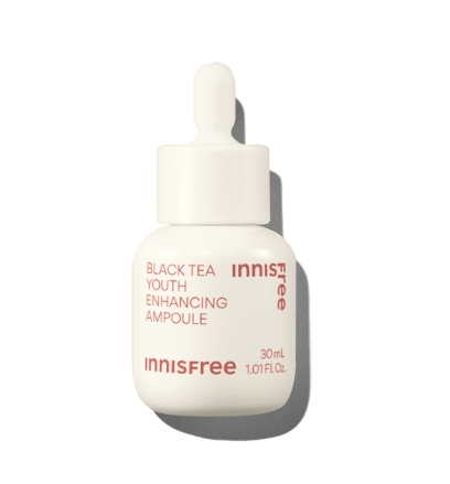 Matte white dropper bottle of moisturizing youth enhancing ampoule with minimal red text on a clean background