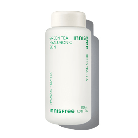 Minimalist white bottle of hydrating green tea and hyaluronic skin toner with clean green text on a white background