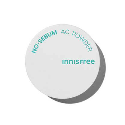 Round white container of no sebum powder with teal text emphasizing oil control benefits on a clean background