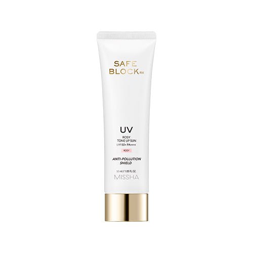 White tube of sunscreen with gold cap featuring brightening, anti-pollution protection, and rosiness enhancement benefits