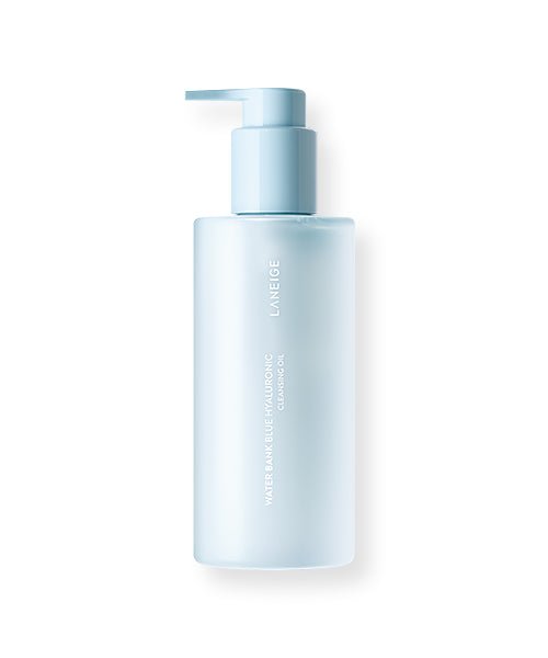 LANEIGE Water Bank Blue Hyaluronic Cleansing Oil 250ml in frosted blue pump bottle for gentle makeup removal