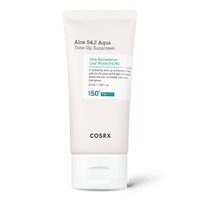 White tube of hydrating tone-up sunscreen with aloe leaf water and high UV protection on white background