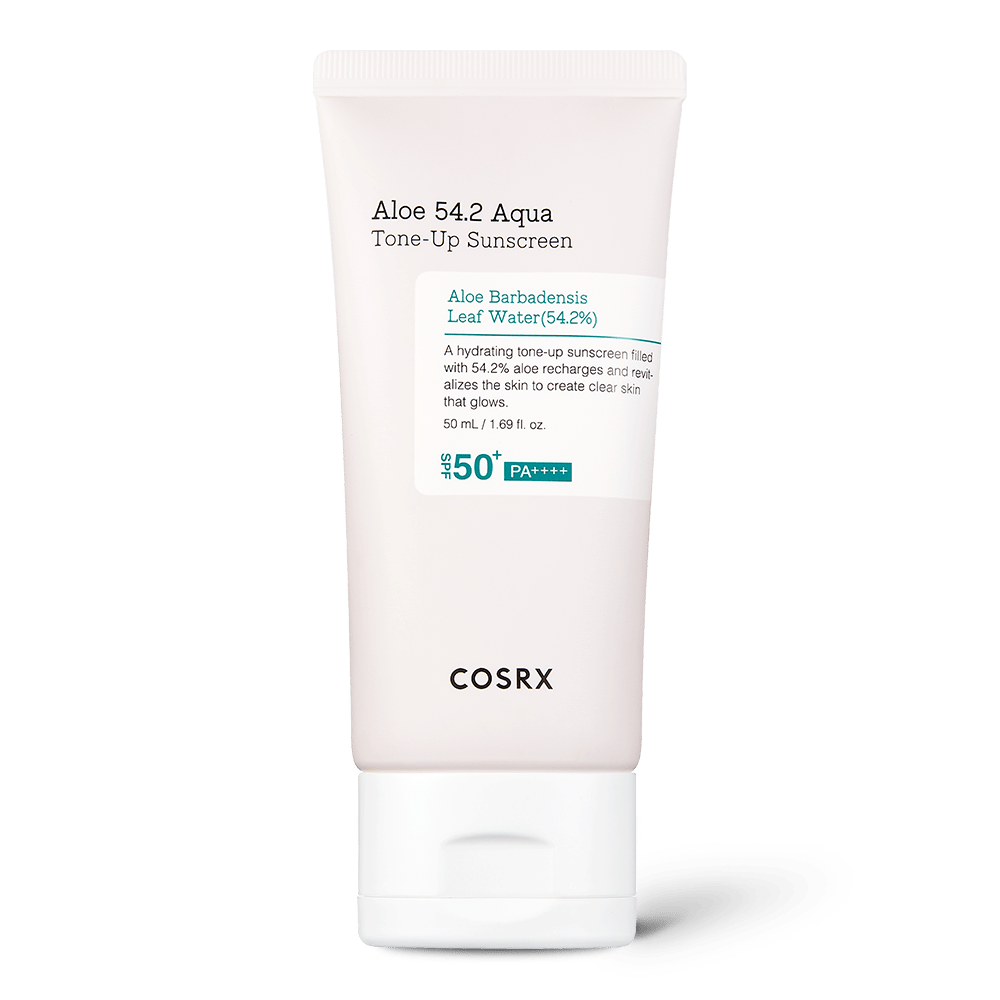 White tube of hydrating tone-up sunscreen with aloe leaf water and high UV protection on white background