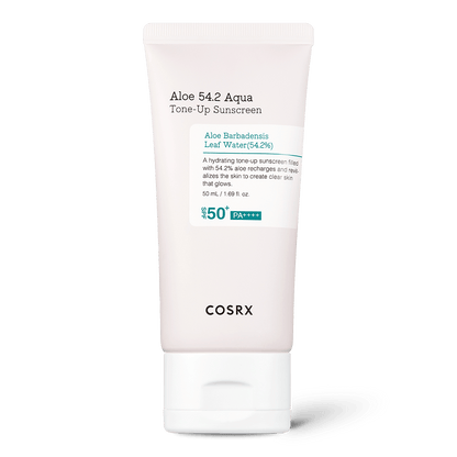 White tube of hydrating tone-up sunscreen with aloe leaf water and high UV protection on white background