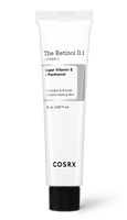 White tube of retinol cream featuring Vitamin E and Panthenol for improved skin firmness and elasticity benefits