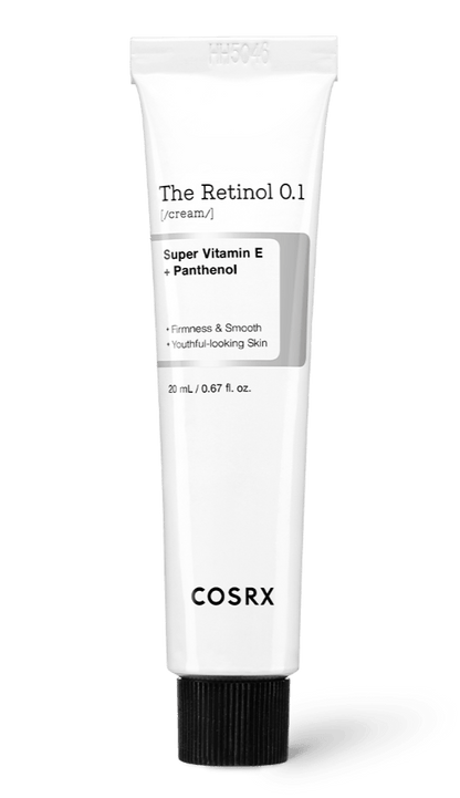 White tube of retinol cream featuring Vitamin E and Panthenol for improved skin firmness and elasticity benefits