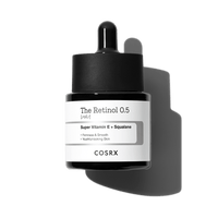 Dark glass dropper bottle of retinol and squalane oil serum promoting firmness and youthful smooth skin appearance