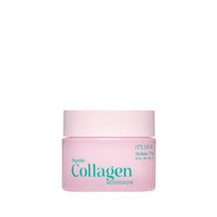 Light pink jar of peptide collagen moisturizer with aqua text promoting hydrating and firming benefits on white background
