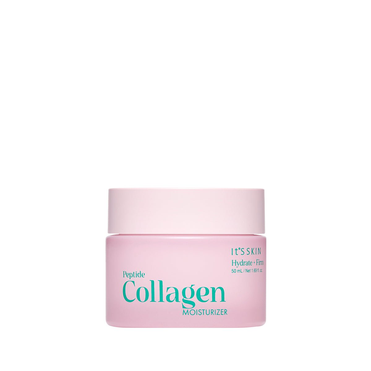 Light pink jar of peptide collagen moisturizer with aqua text promoting hydrating and firming benefits on white background