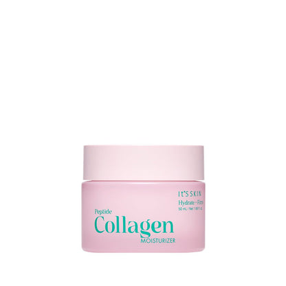 Light pink jar of peptide collagen moisturizer with aqua text promoting hydrating and firming benefits on white background