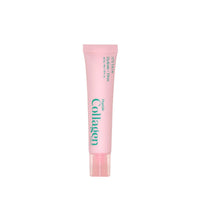 Pink squeeze tube of peptide collagen serum featuring minimalist teal text on a clean white background