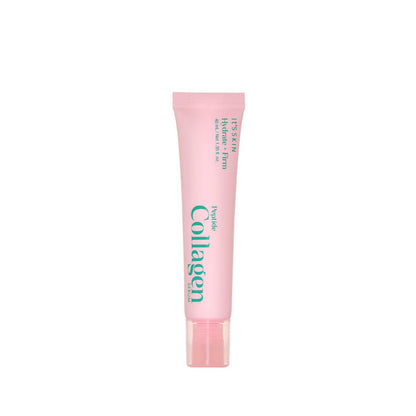 Pink tube of peptide collagen serum with hydration benefits and teal text on a plain white background