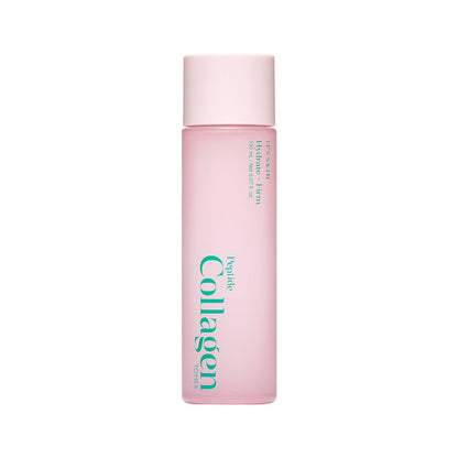 Frosted pink bottle of Peptide Collagen Toner with teal text, designed for hydration boost in skincare routine