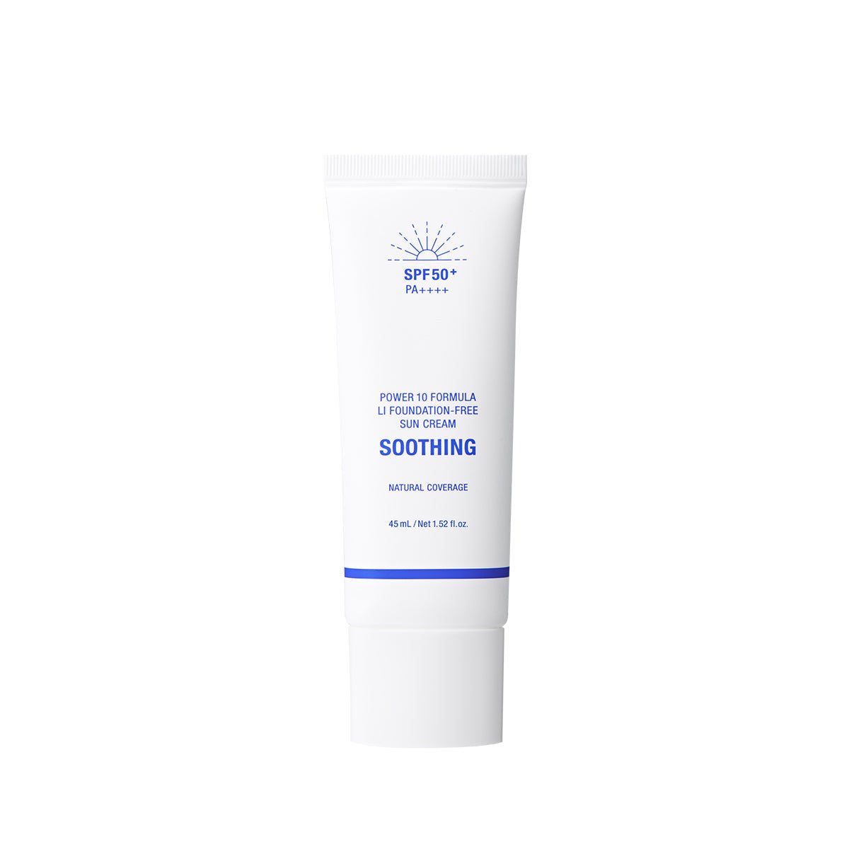 White tube of soothing foundation-free sun cream with SPF 50+ and natural coverage on white background