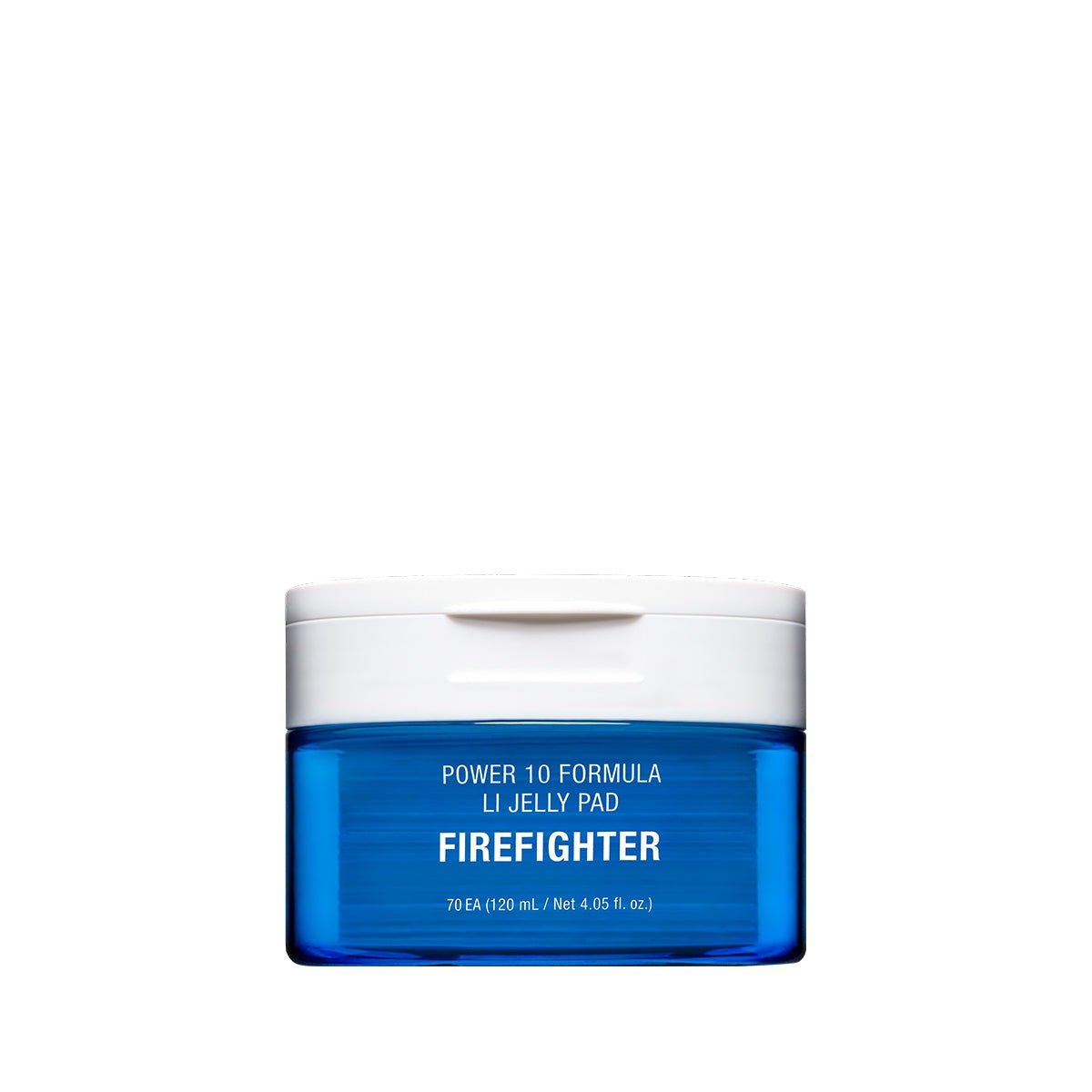 Blue translucent jar of calming jelly pads with white lid labeled Firefighter on white background