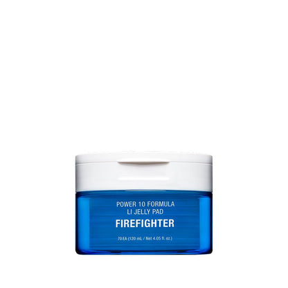 Blue translucent jar of calming jelly pads with white lid labeled Firefighter on white background