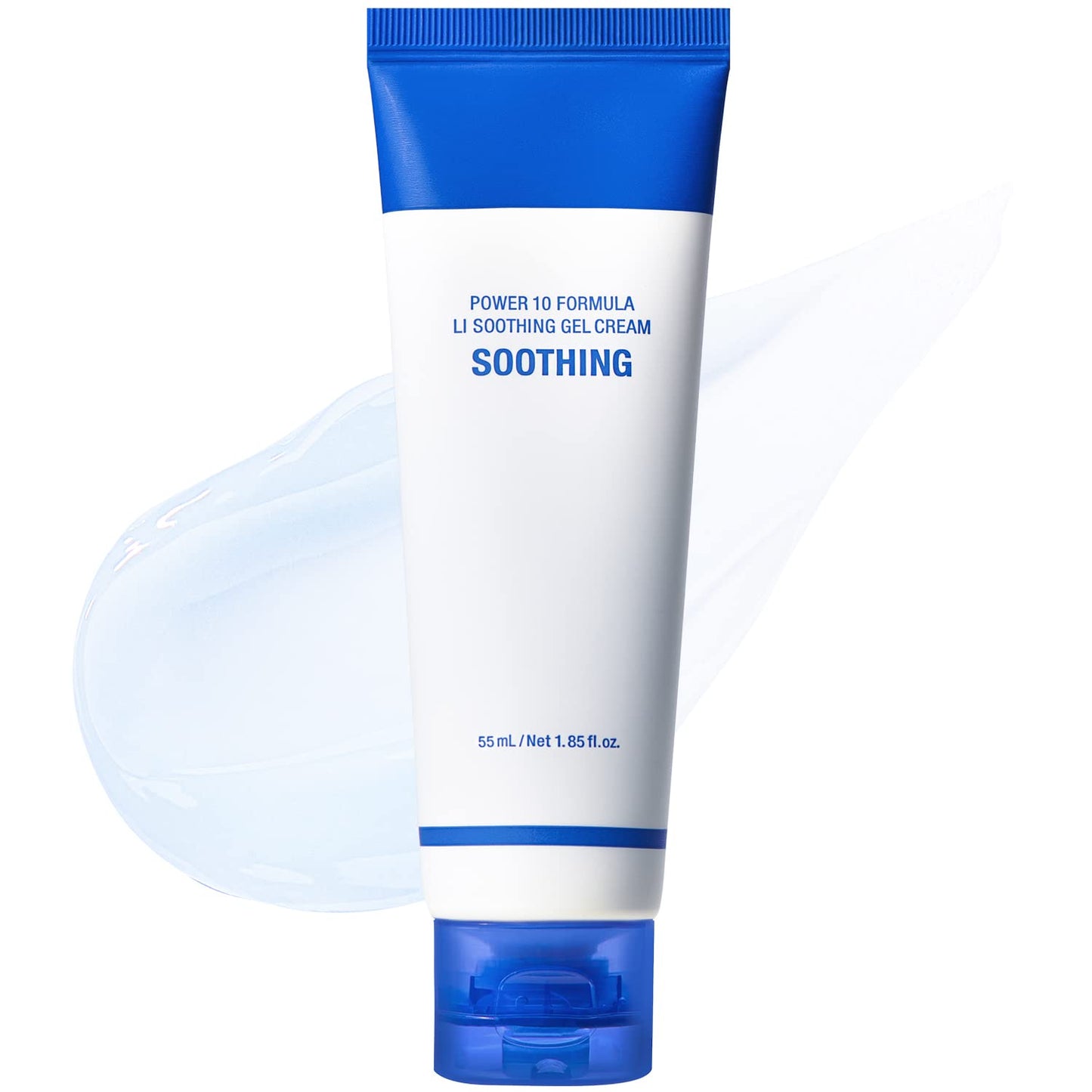 White and blue tube of soothing gel cream with cooling effect and translucent gel swatch behind on white background
