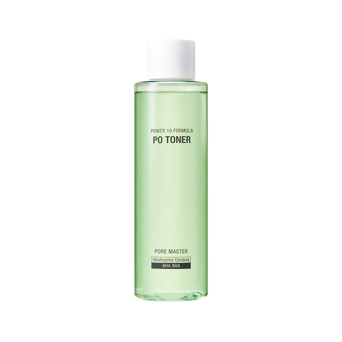 Tall green transparent bottle of pore care toner with white cap and minimalist black text on white background