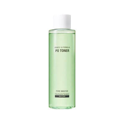 Tall translucent green bottle of pore care toner with white cap and minimalist black text on white background