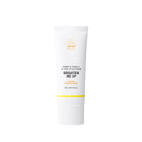 White squeeze tube of brightening sun cream with SPF50 and hydrating formula on plain white background