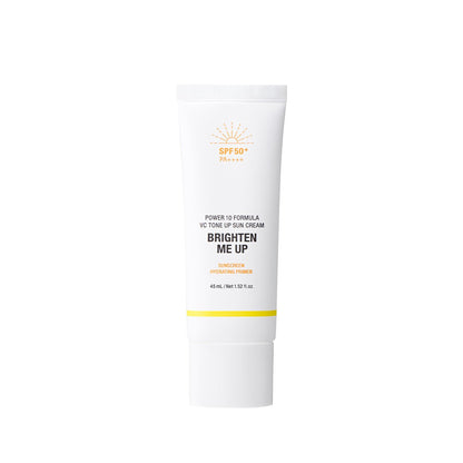 White tube of brightening sun cream with SPF50+ and hydrating formula against plain white background