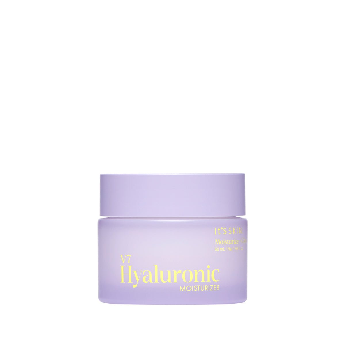 Lavender jar of hyaluronic moisturizer with intense hydration benefits on a white background