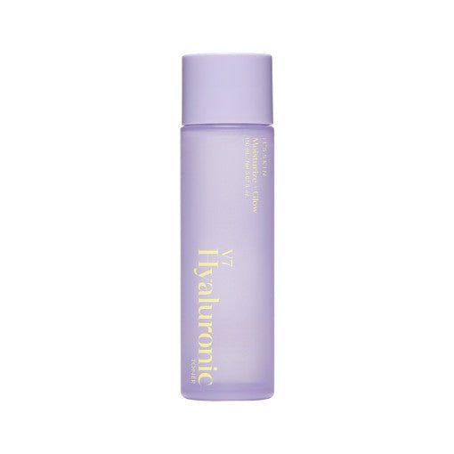 Slim frosted lavender bottle of hyaluronic toner with gold text emphasizing intense hydration benefits