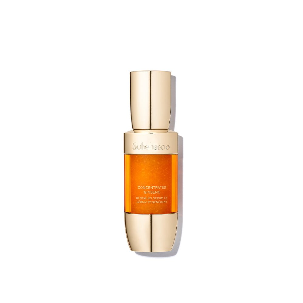 Elegant amber serum bottle with polished gold cap highlighting rejuvenating and fine line reduction benefits