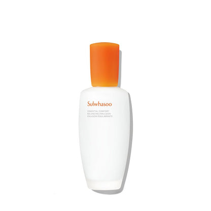 White frosted bottle of hydrating emulsion with vibrant orange cap casting soft shadow on white background