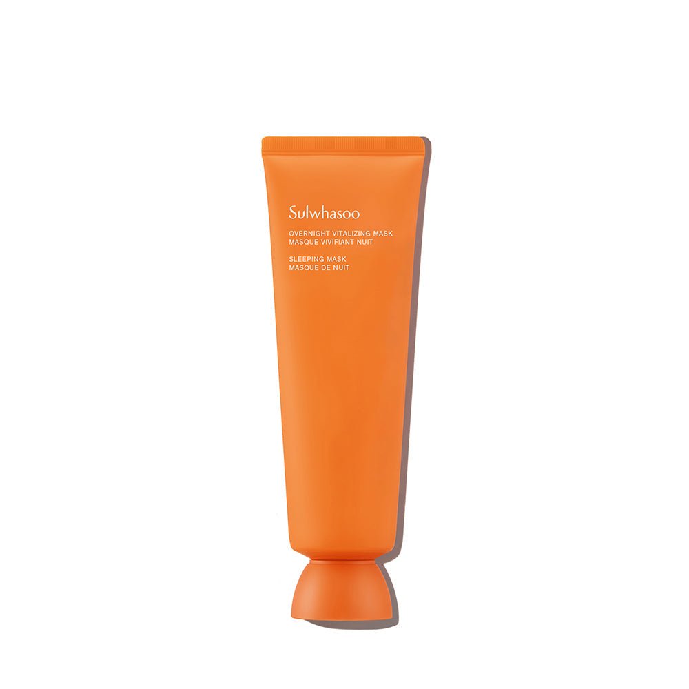 Orange tube of moisturizing overnight mask promoting skin moisture barrier on clean white background