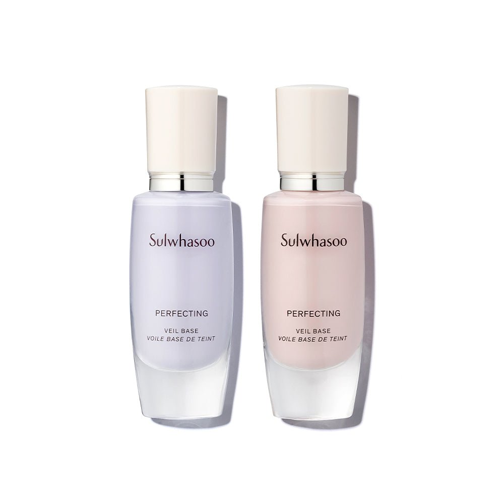 Two sleek Sulwhasoo Perfecting Veil Base bottles in soft lavender and light beige shades on white background