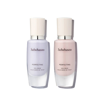 Two sleek Sulwhasoo Perfecting Veil Base bottles in soft lavender and light beige shades on white background