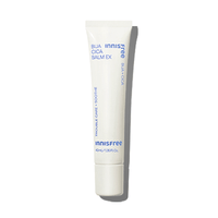 Minimalist white tube of soothing balm with blue text on a clean white background highlighting hydration benefits