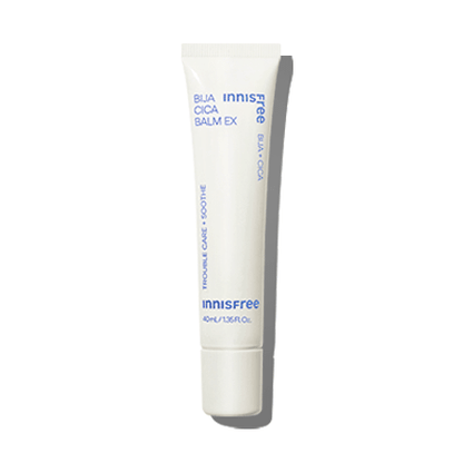 Minimalist white tube of soothing balm with blue text on a clean white background highlighting hydration benefits