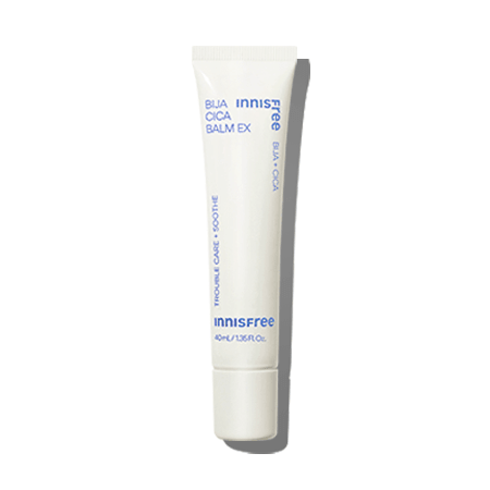 White tube of soothing Bija Cica balm with blue text highlighting hydration and skin trouble care benefits