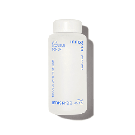 Minimalist white bottle of Bija Trouble Toner with blue text highlighting sebum control and skin refresh benefits
