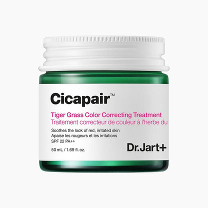 Dr.Jart+ Cicapair Tiger Grass Color Correcting Treatment SPF 22 PA++ 50ml in green jar, white lid for soothing irritated skin