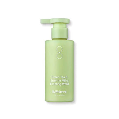 [By Wishtrend] Green Tea & Enzyme Milky Foaming Wash 140ml in pale green pump bottle for deep cleansing benefits