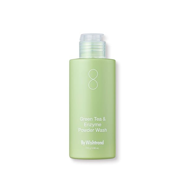 [By Wishtrend] Green Tea & Enzyme Powder Wash 110g in light green bottle for gentle cleanse and skin revitalization