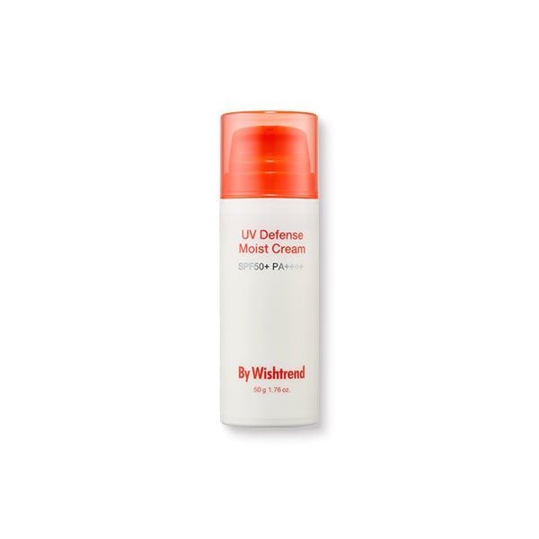 [By Wishtrend] UV Defense Moist Cream 50g SPF50+ PA++++ in white bottle with orange cap for broad-spectrum sun protection