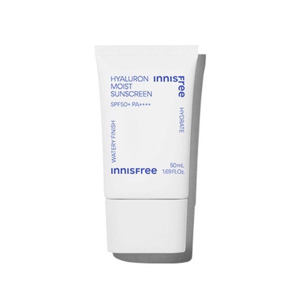 White tube of innisfree sunscreen with blue text emphasizing hydration and high SPF protection on plain background