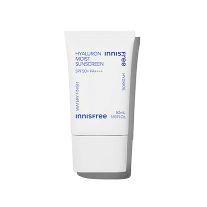 White sunscreen tube with blue text highlighting hydration and high SPF 50+ protection benefits