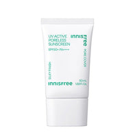 White tube of pore-covering sunscreen with SPF50+ and silky finish text on a minimal white background