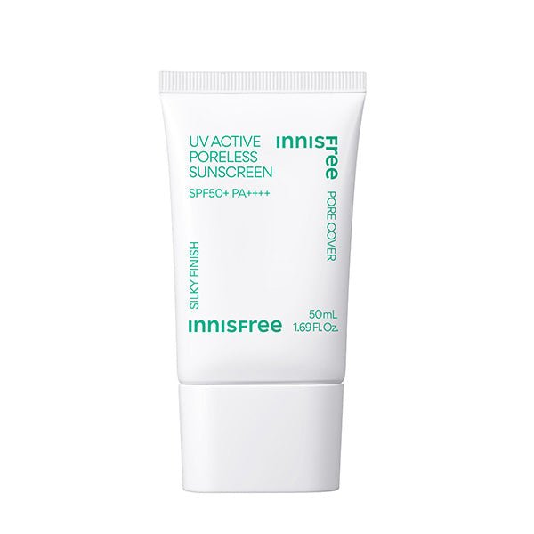White tube of pore-covering sunscreen with SPF50+ and silky finish text on a minimal white background