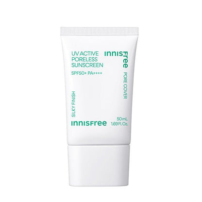 White tube of sunscreen with green text highlighting poreless coverage and broad-spectrum SPF50+ protection