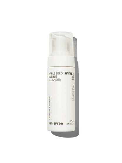 White bottle of gentle foaming bubble cleanser with minimal black text on clean white background